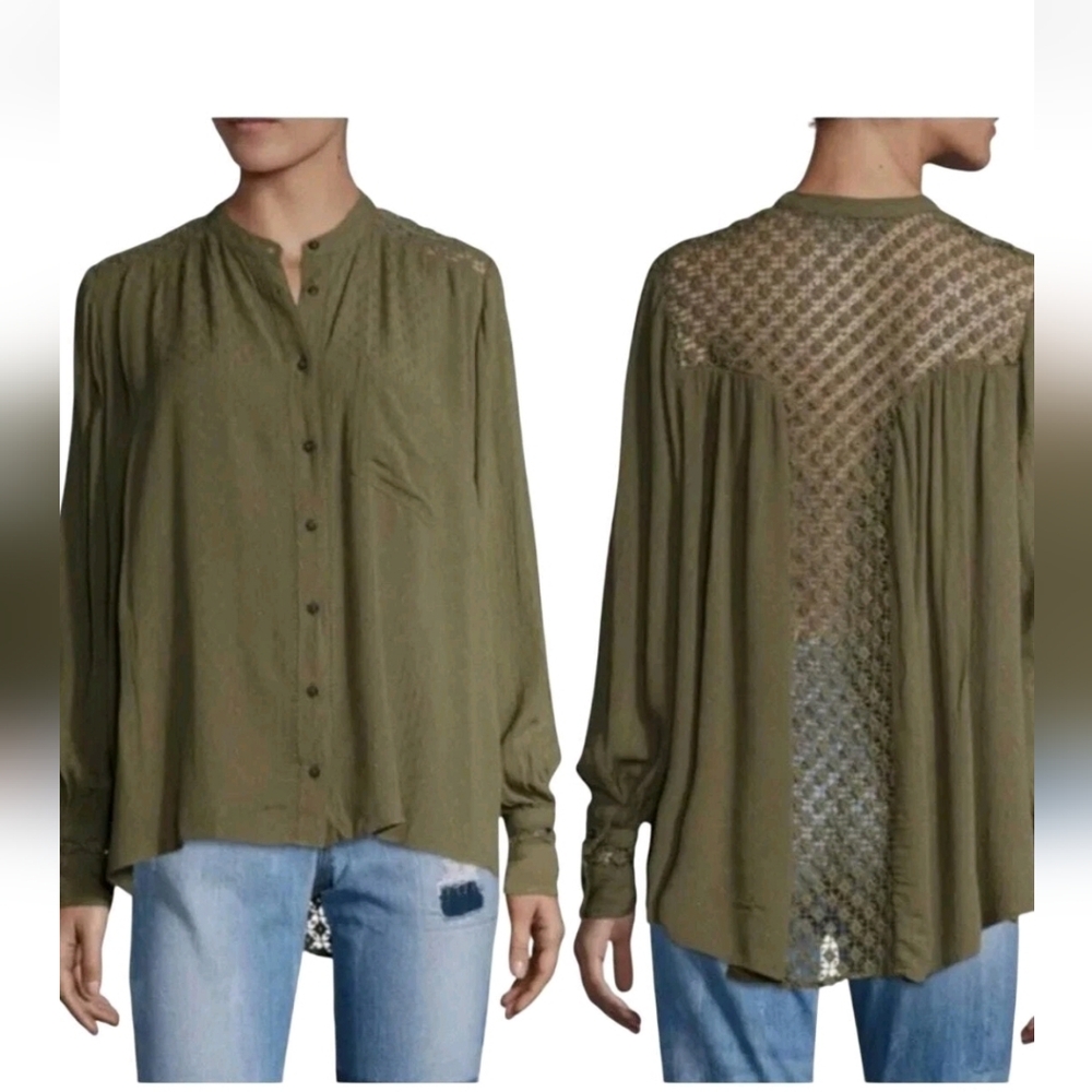 Olive Green Lace Back Blouse Sheer Crochet Boho Top